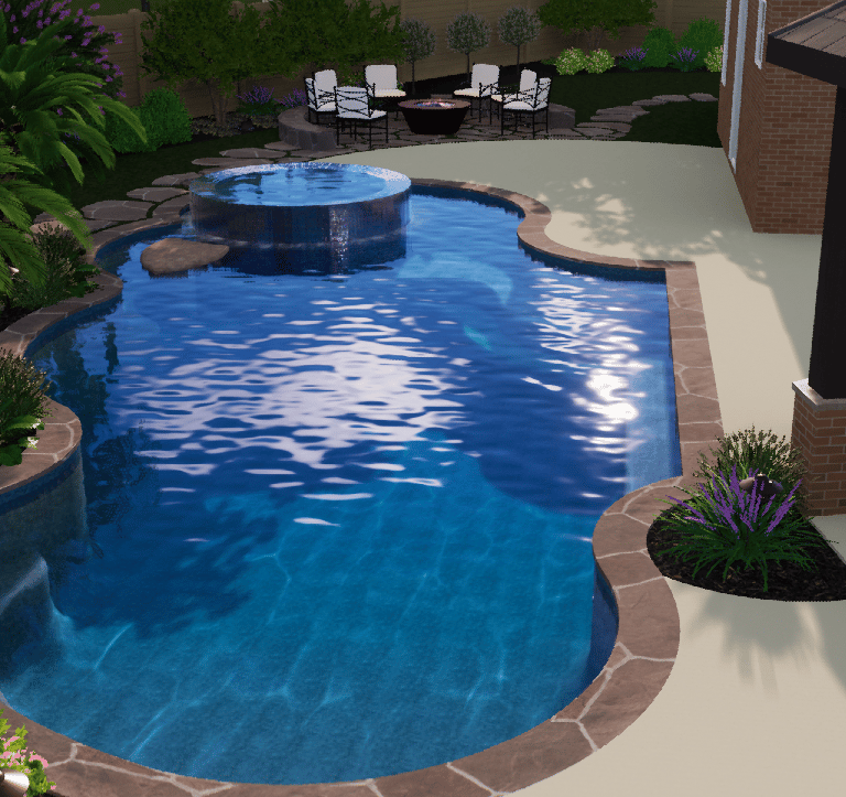 Backyard pool with blue water, curved stone edge, and patio seating area