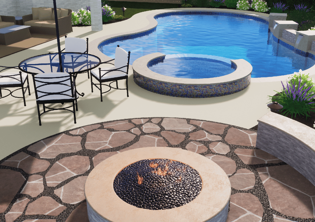 Backyard patio with pool, round fire pit, and outdoor dining table and chairs