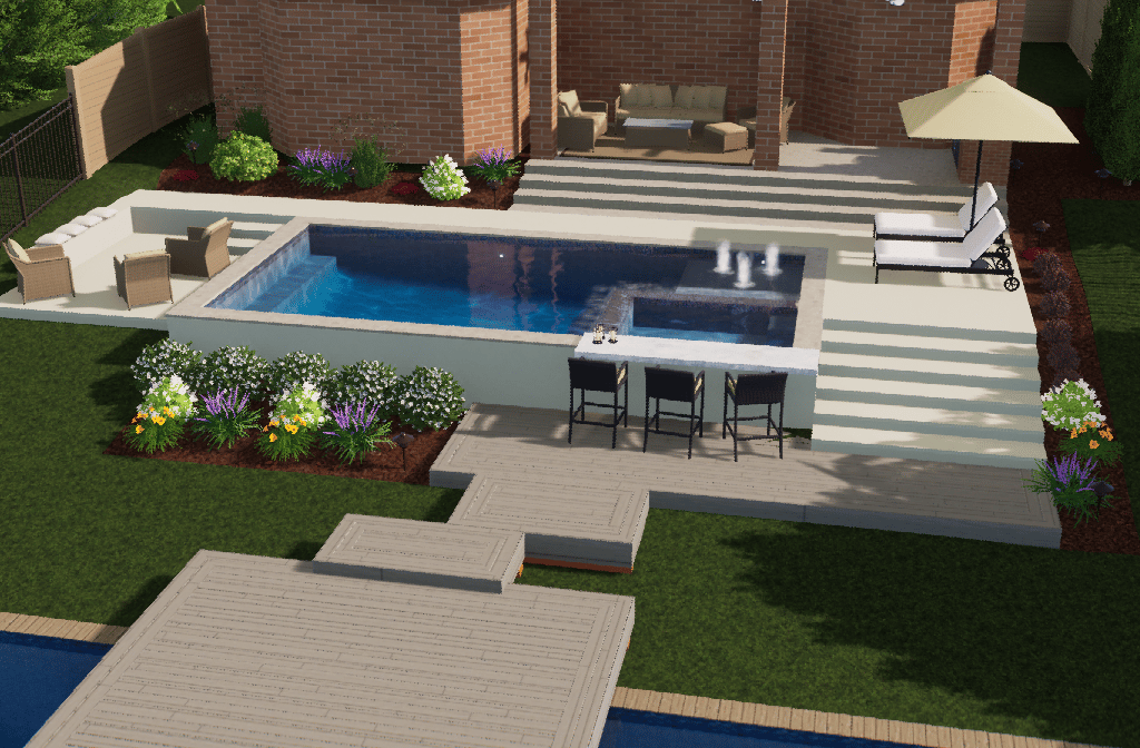 Modern backyard with a blue pool, patio seating, striped deck, and brick house steps