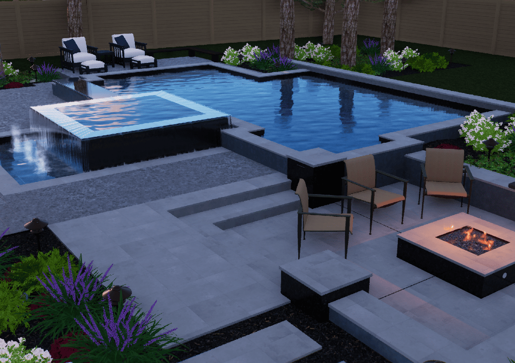 Modern backyard patio with a swimming pool, lounge chairs, and a square fire pit at dusk