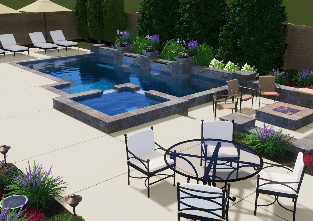 Modern backyard patio with a blue swimming pool, lounge chairs, and outdoor dining tables