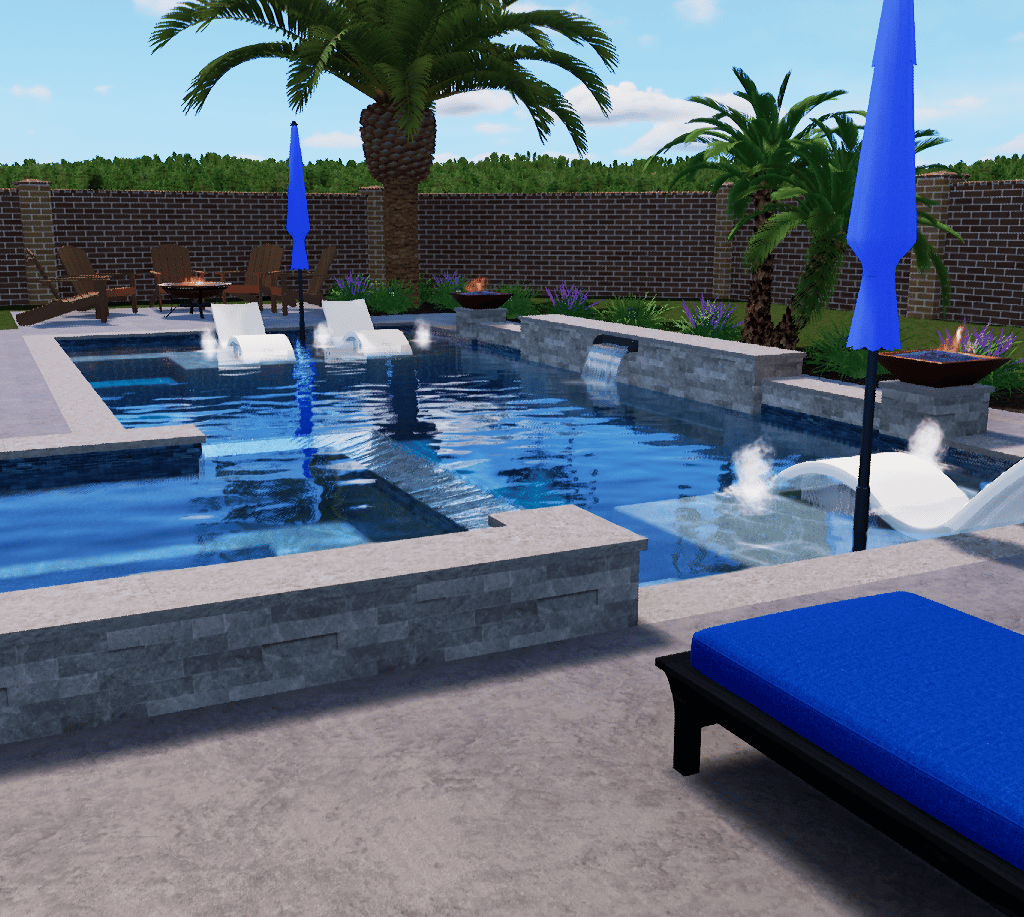 Modern backyard pool with blue umbrellas, lounge chairs, and palm trees at the edge of the water.