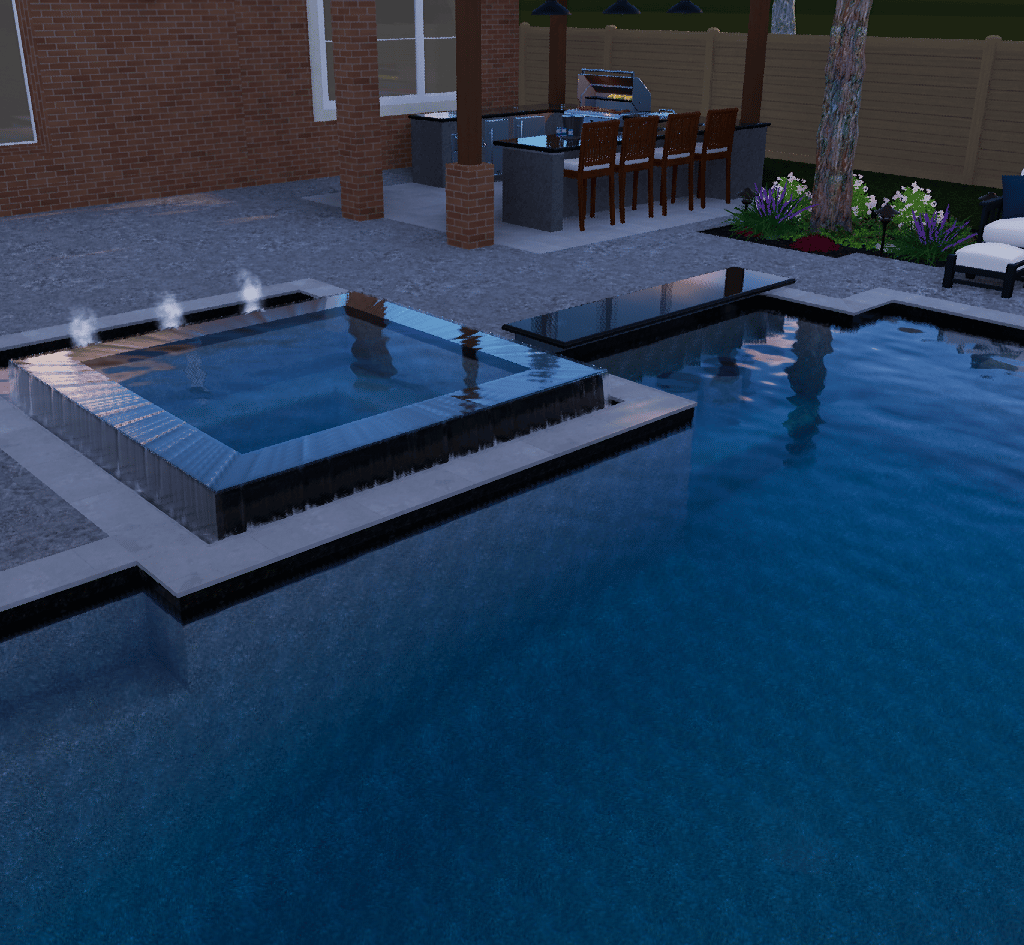 Backyard pool with a raised spa, lounge chairs, and dining table beside a brick patio at dusk