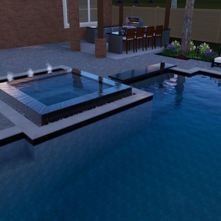 Backyard pool at dusk with a raised spa, jets, and outdoor seating by a brick patio