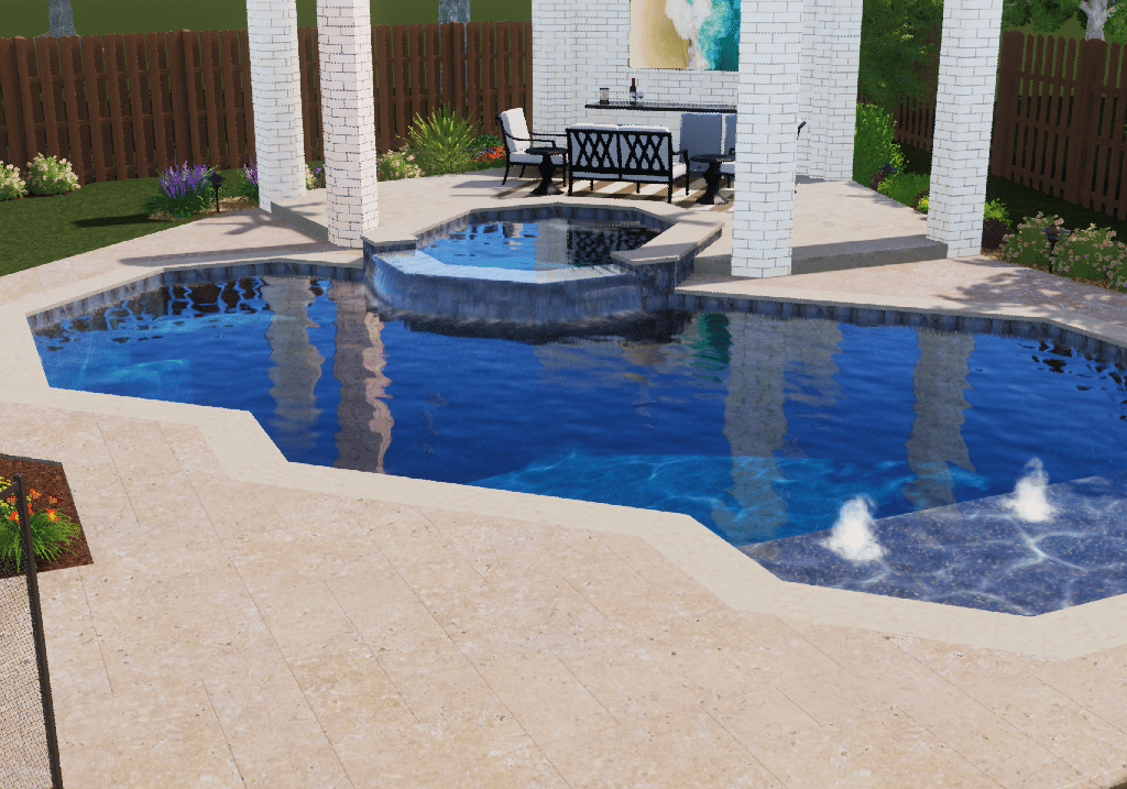 Backyard swimming pool with blue water, stone deck, and covered patio seating area