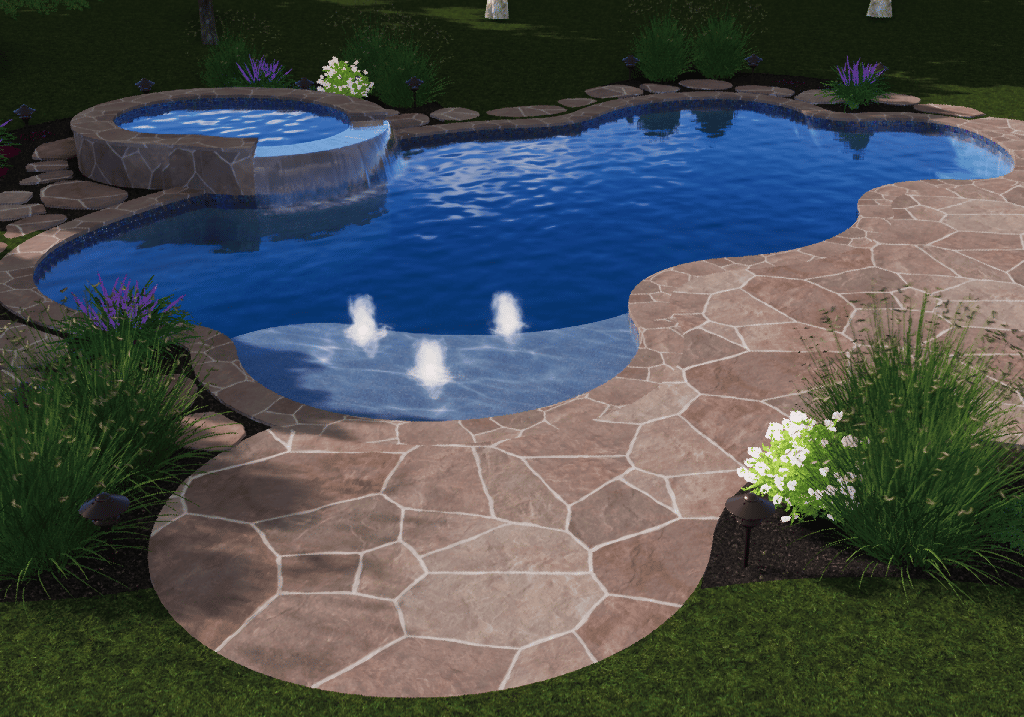 Backyard pool with stone patio, spa, and small fountains, surrounded by grass and shrubs