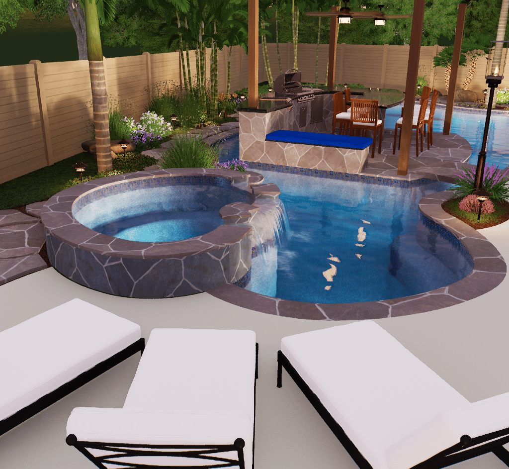 Backyard pool with hot tub, lounge chairs, and covered dining area at dusk