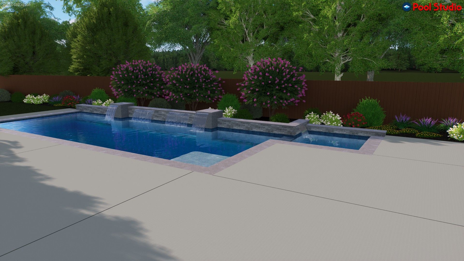 Backyard swimming pool with blue water, stone edging, and flowering shrubs along a landscaped patio