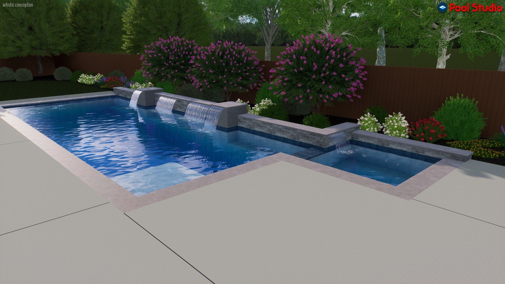 Backyard pool with blue water, stone coping, and blooming pink shrubs along a wooden fence