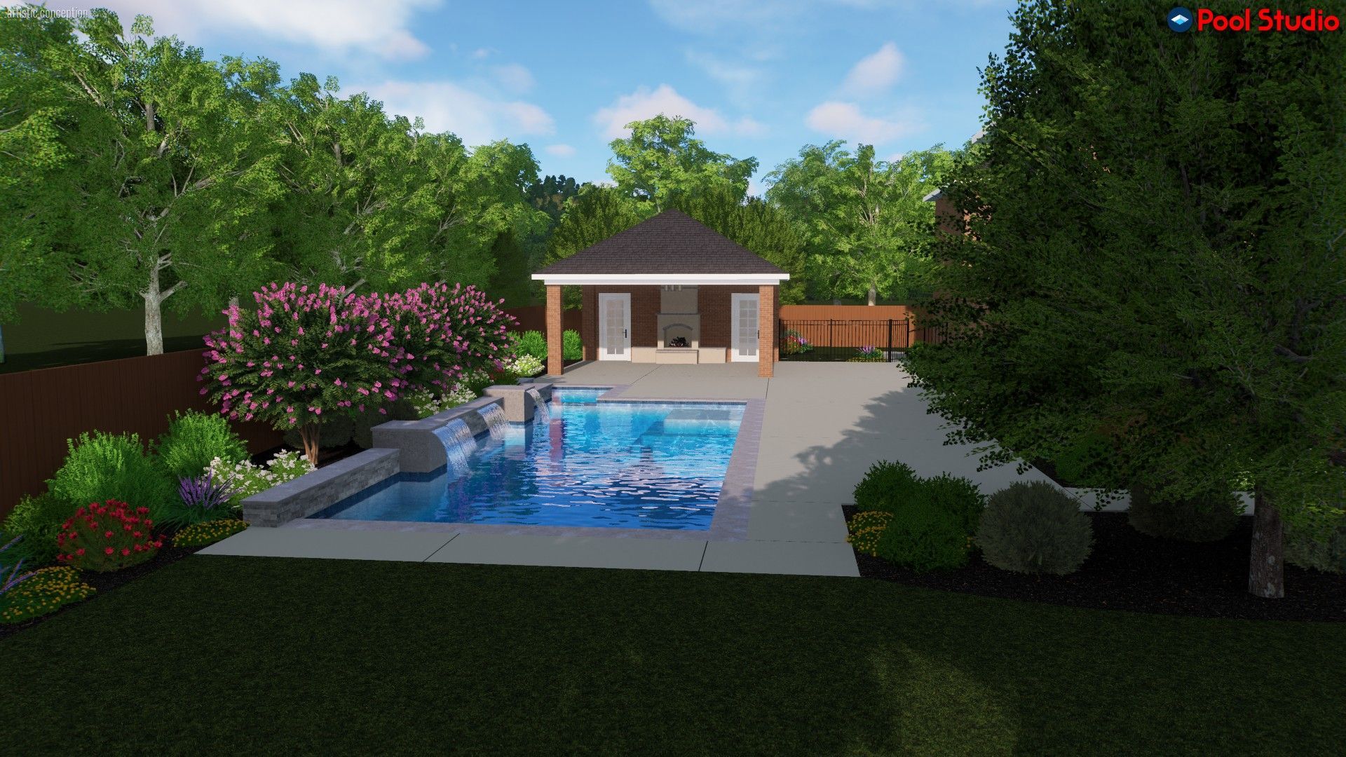 Backyard with a swimming pool, paved patio, gazebo, and lush landscaping.