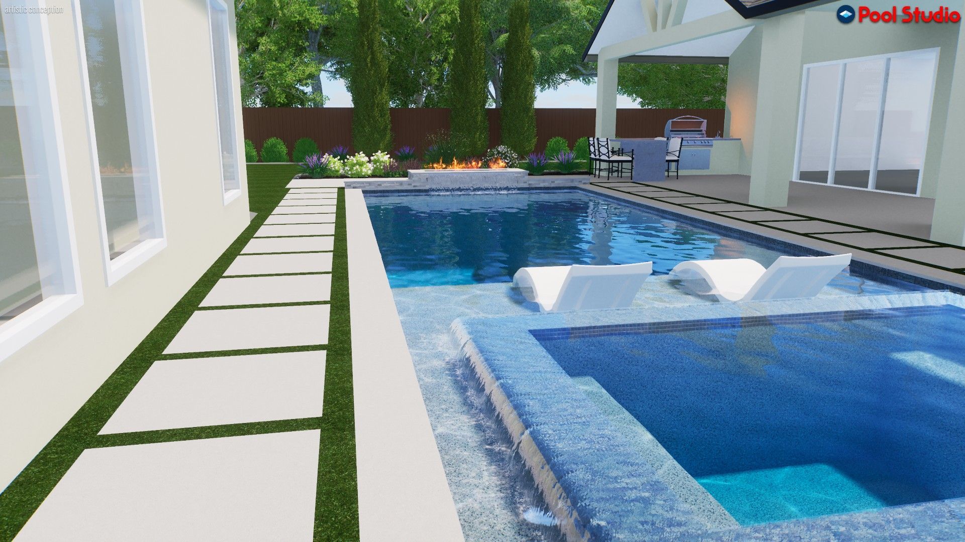 Modern backyard pool with blue water, white lounge chairs, and a stone path beside a house