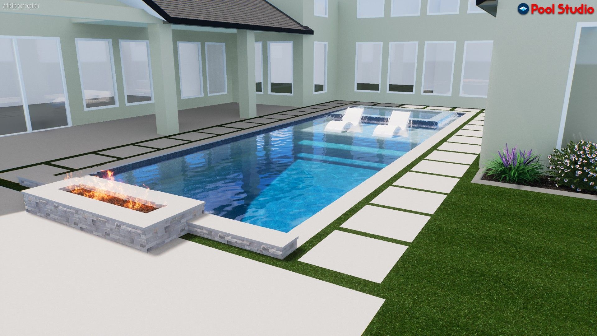 Luxury backyard pool with fire pit, white pavers, and a modern house patio