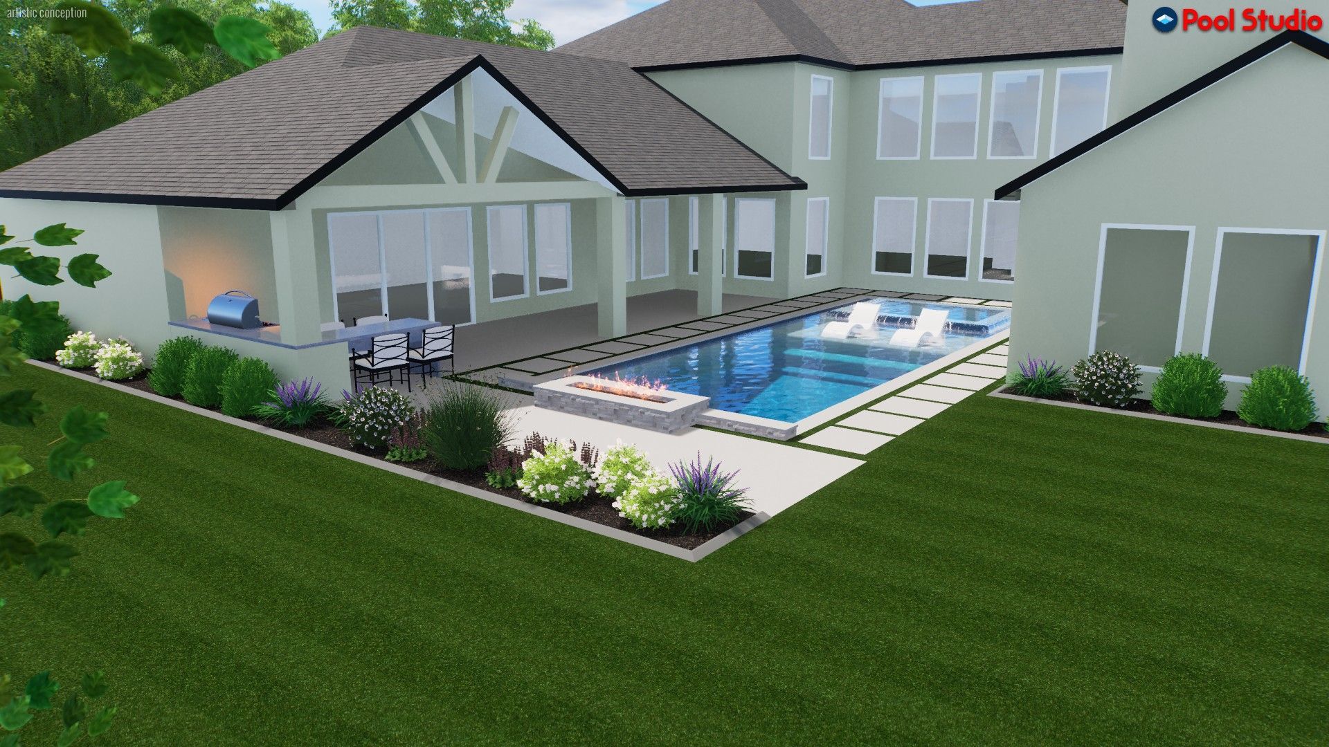 3D rendering of a modern house with a backyard pool, patio seating, and landscaped lawn