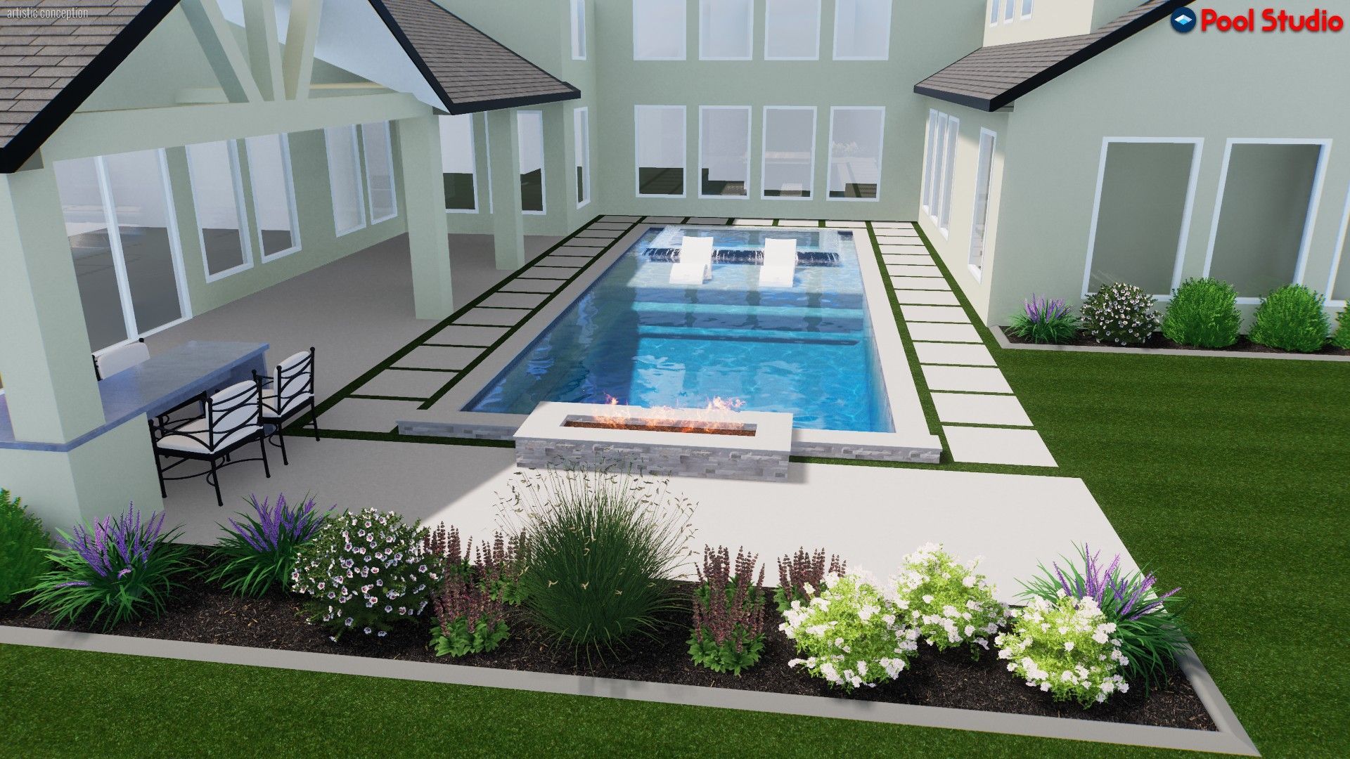 Modern backyard with a rectangular swimming pool, patio seating, and landscaped flower beds between two houses