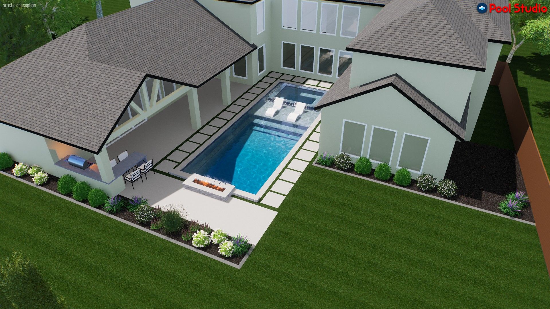 Modern house with a narrow backyard pool, patio seating, and green lawn viewed from above