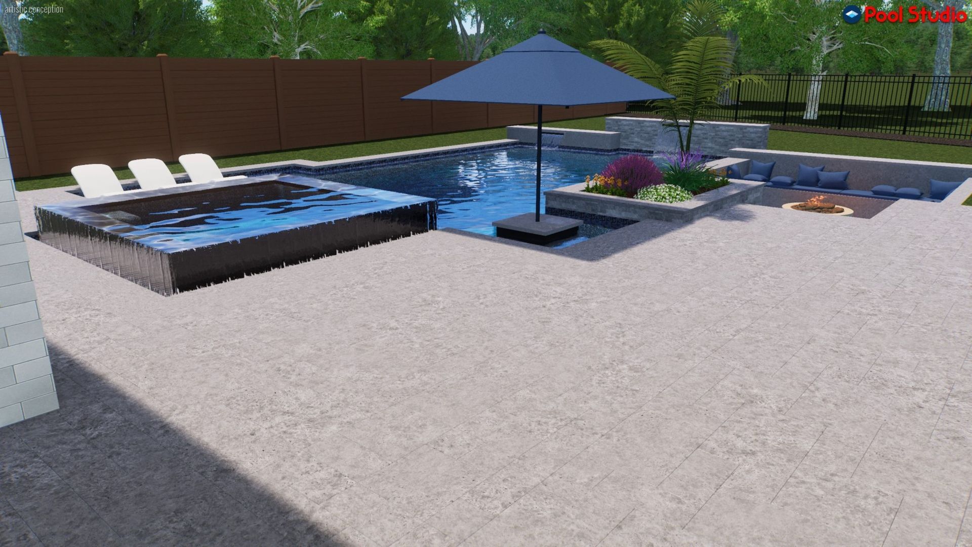 Modern backyard patio with a small pool, blue umbrella, lounge chairs, and potted plants