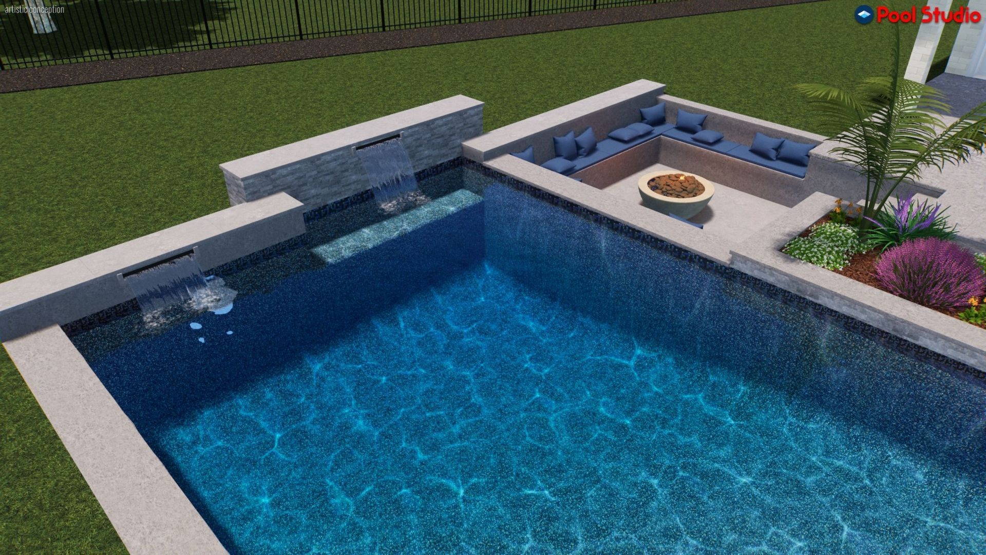 Modern backyard pool with blue water, built-in spa, white coping, and lounge area with umbrella and fire pit