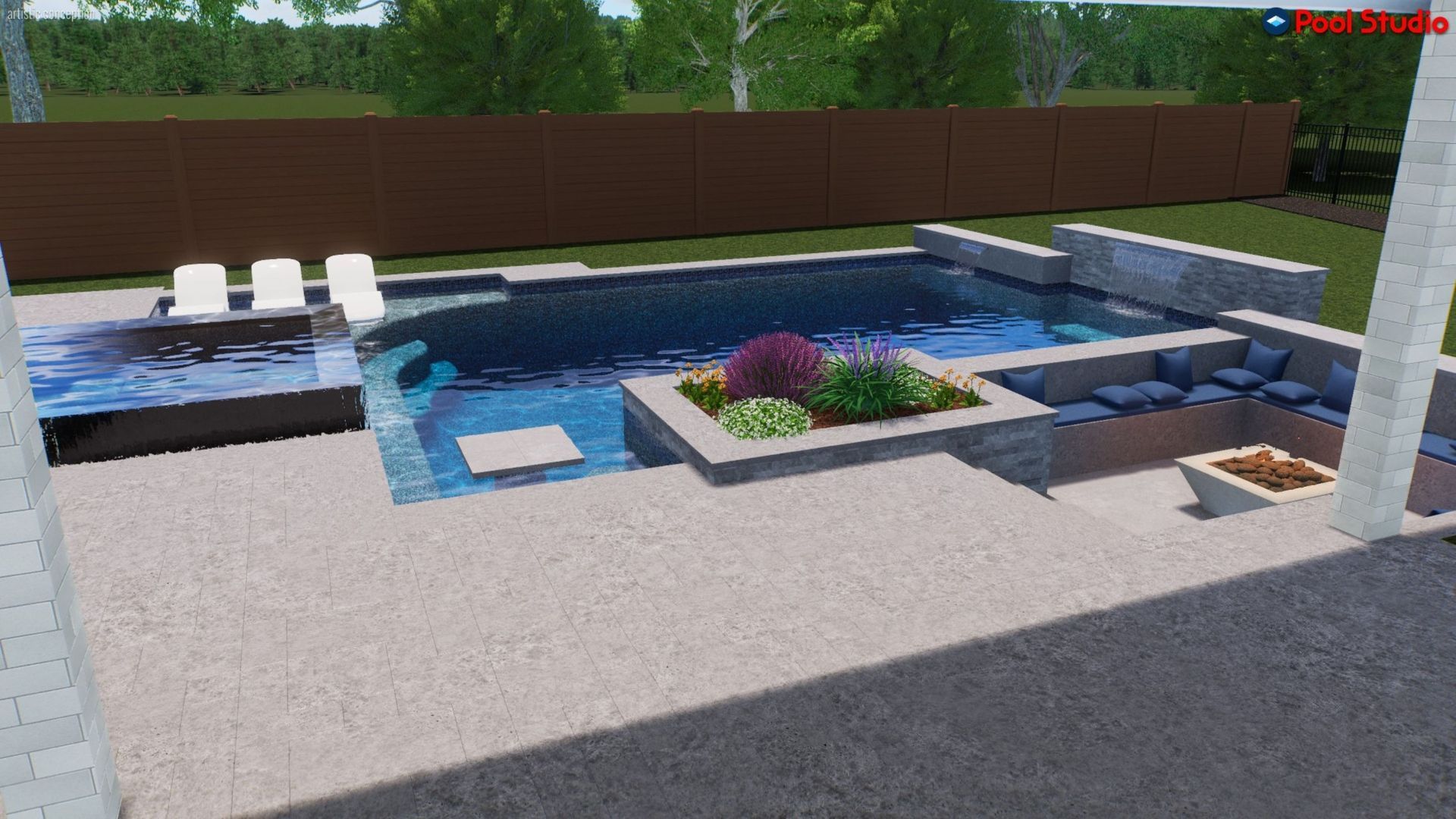Modern backyard pool with blue water, lounge chairs, stone deck, and a small landscaped planter area