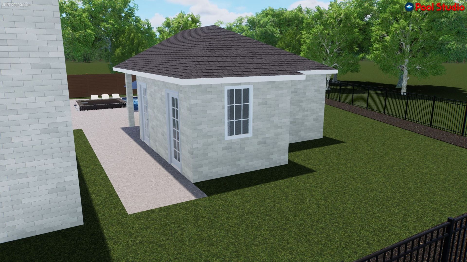 Small light-gray outbuilding with a dark shingled roof beside a larger house and fenced yard