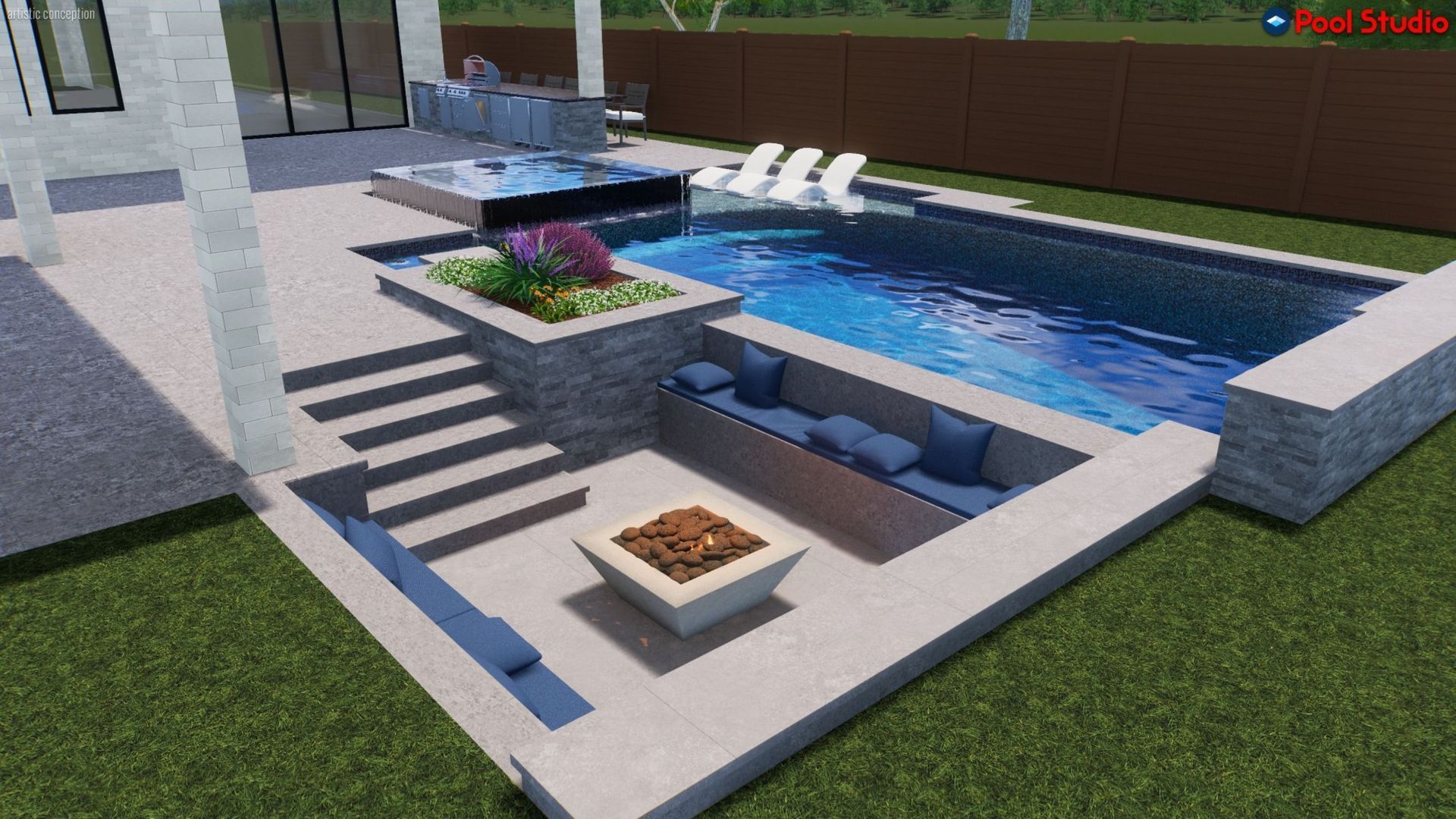 Modern backyard with a sunken pool, stone seating, steps, and lounge chairs beside a wooden fence