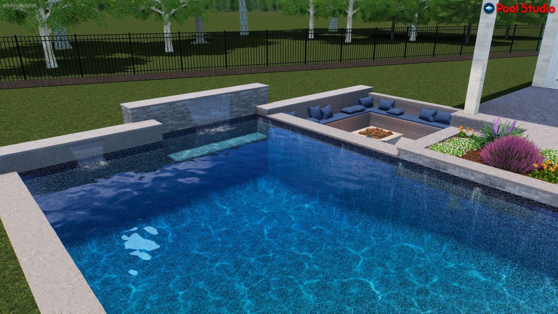 Modern backyard pool with blue water, built-in spa, lounge chairs, and landscaping on a sunny day