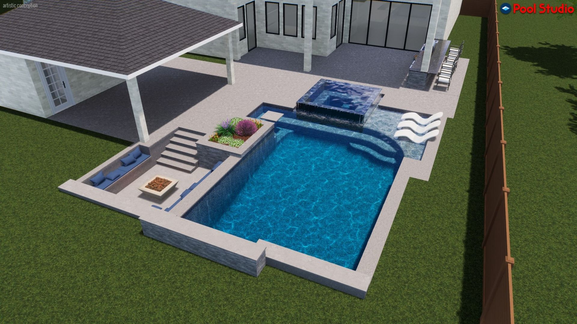Backyard pool with attached hot tub, lounge chairs, white deck, and covered seating area