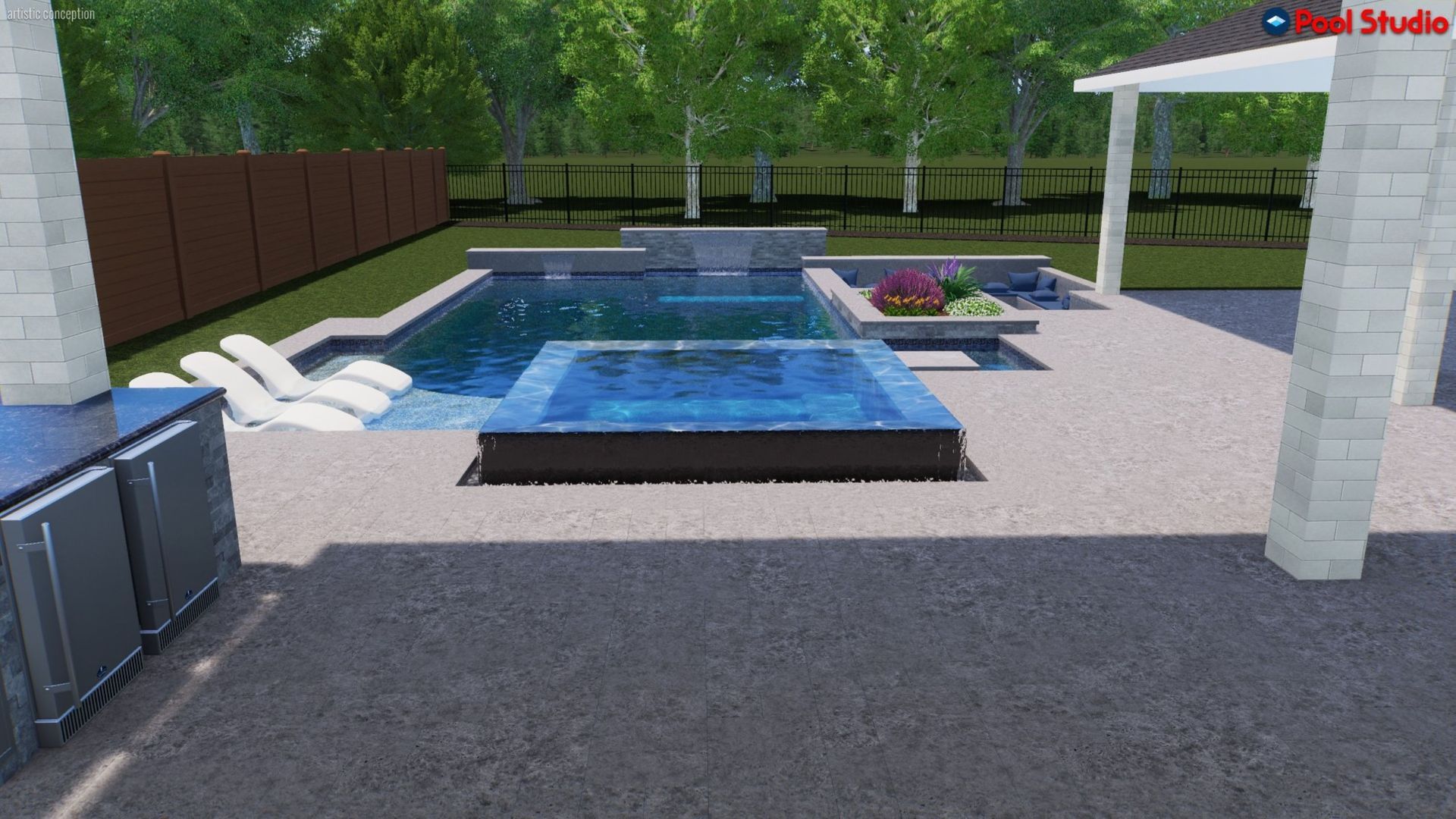 Modern backyard with a rectangular pool, lounge chairs, and a patio seating area.