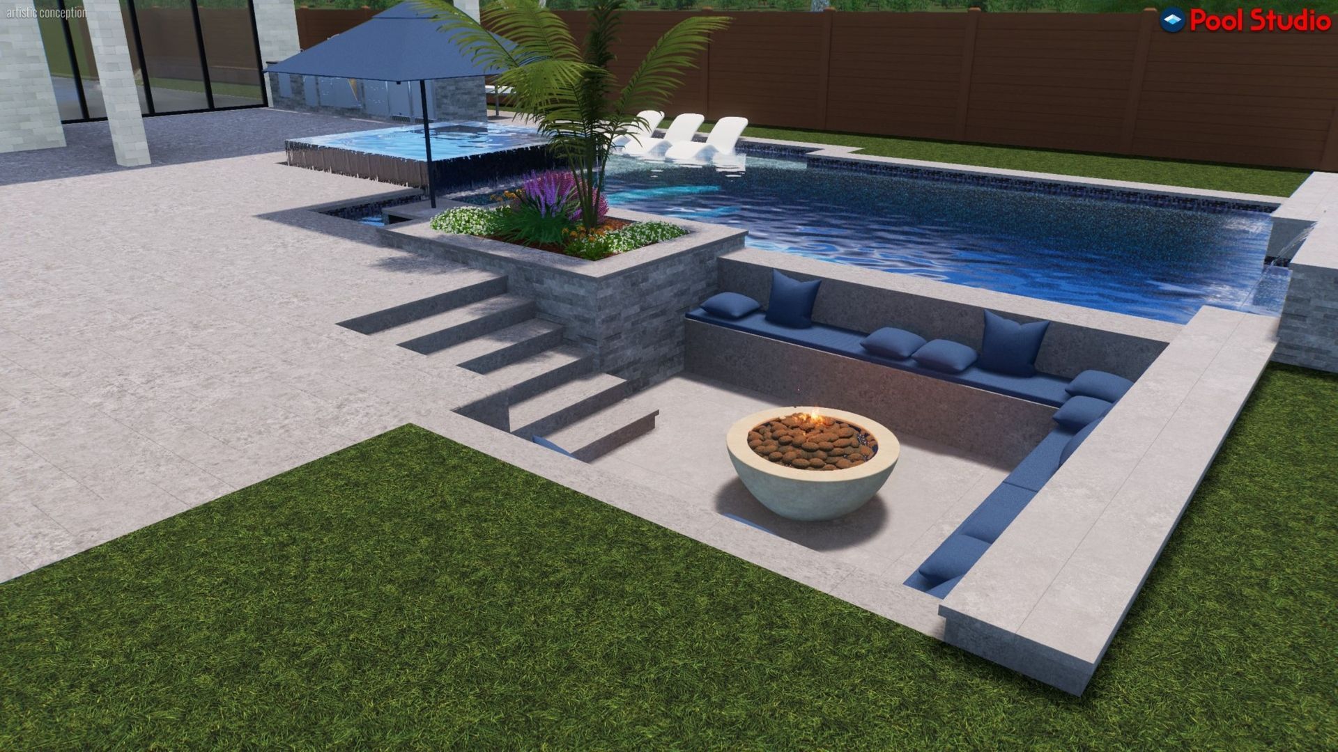 Modern backyard patio with a pool, stone steps, planter, and circular fire pit beside a lawn