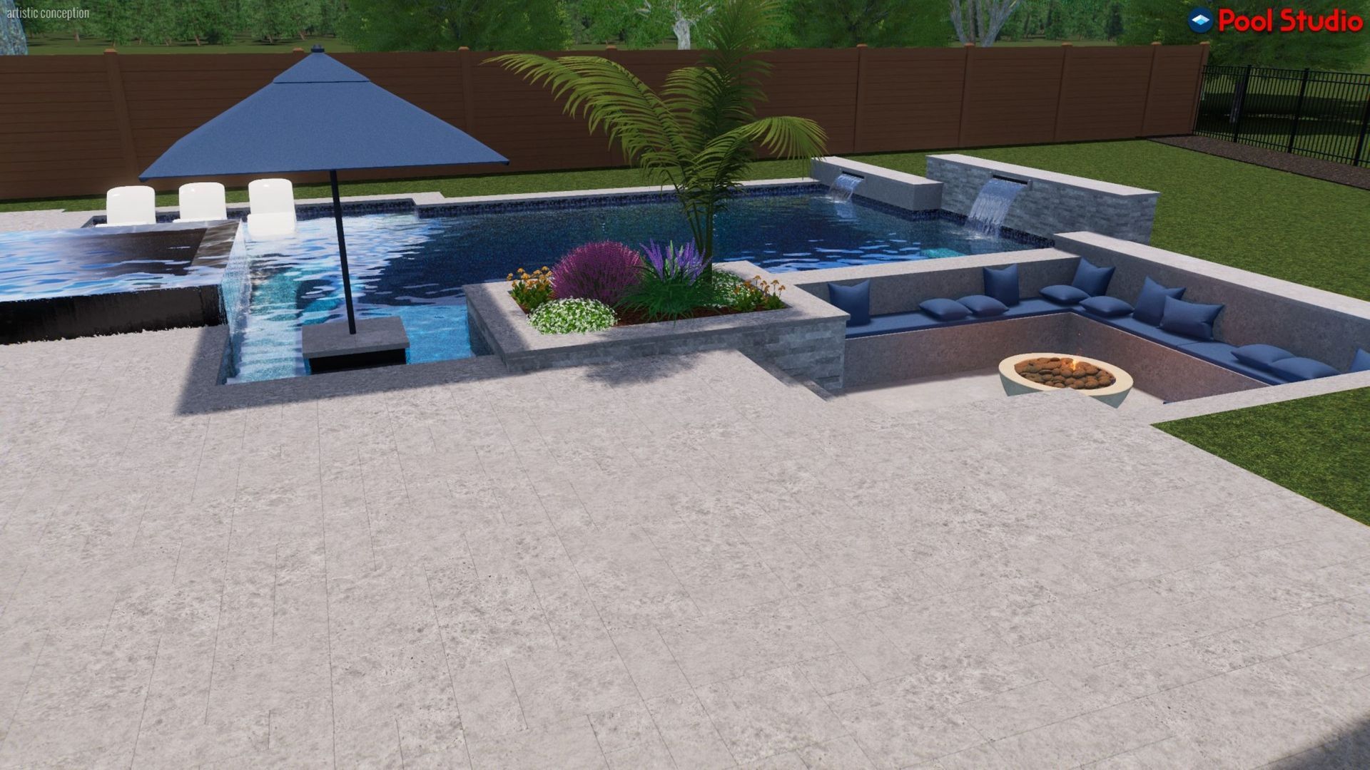 Modern backyard with a blue swimming pool, lounge chairs, and a palm tree beside a patio.