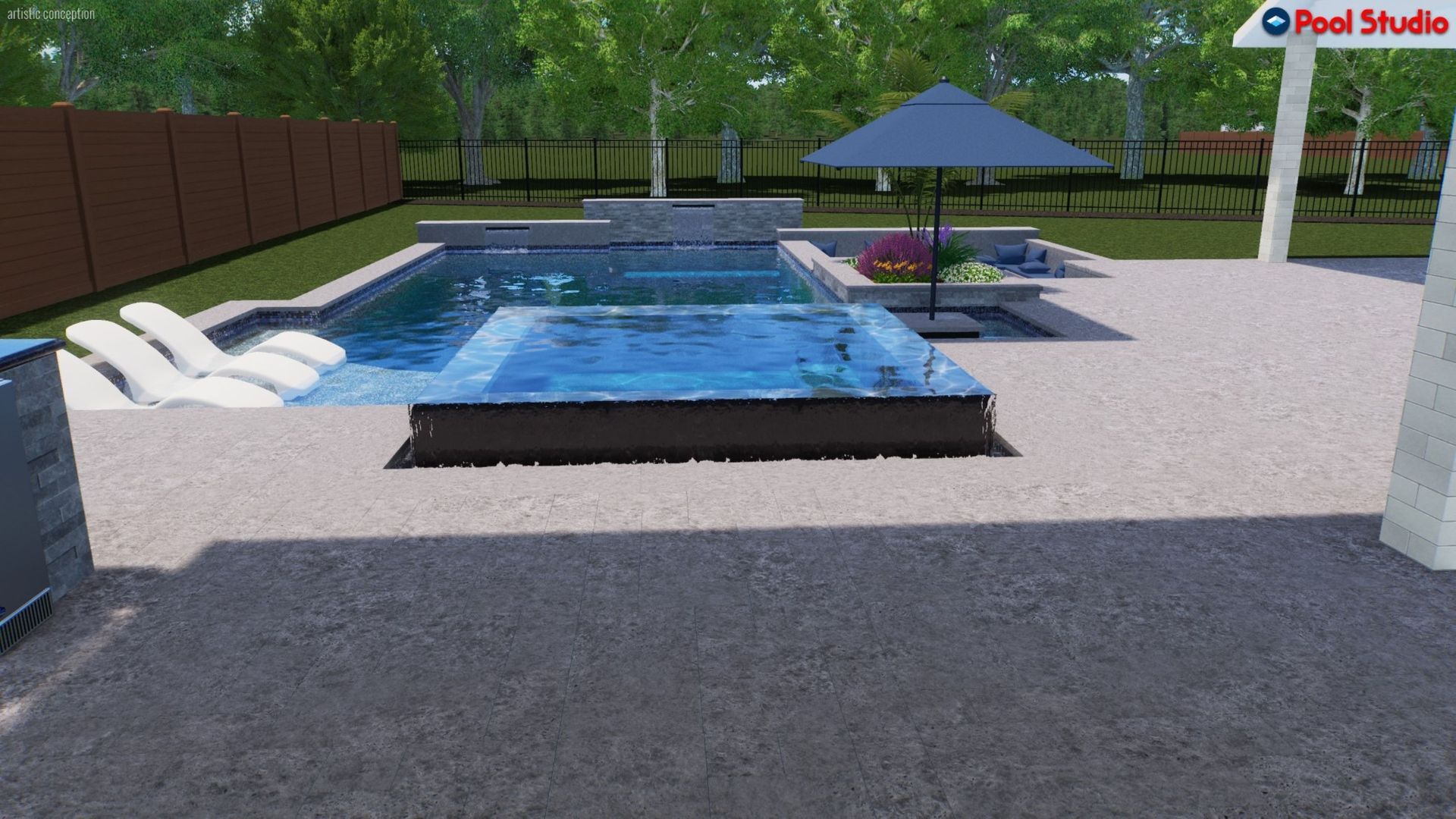 Modern backyard pool with lounge chairs, umbrella, and gravel patio, viewed from a shaded terrace