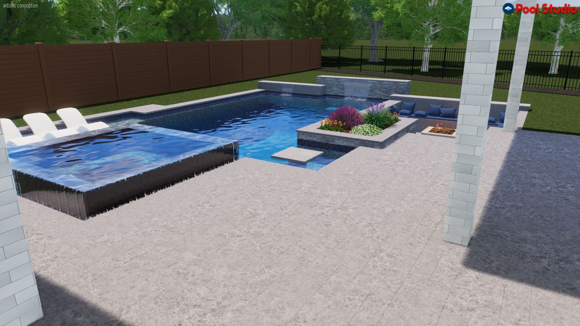 Modern backyard patio with a pool, lounge chairs, hot tub, and landscaped planter beds