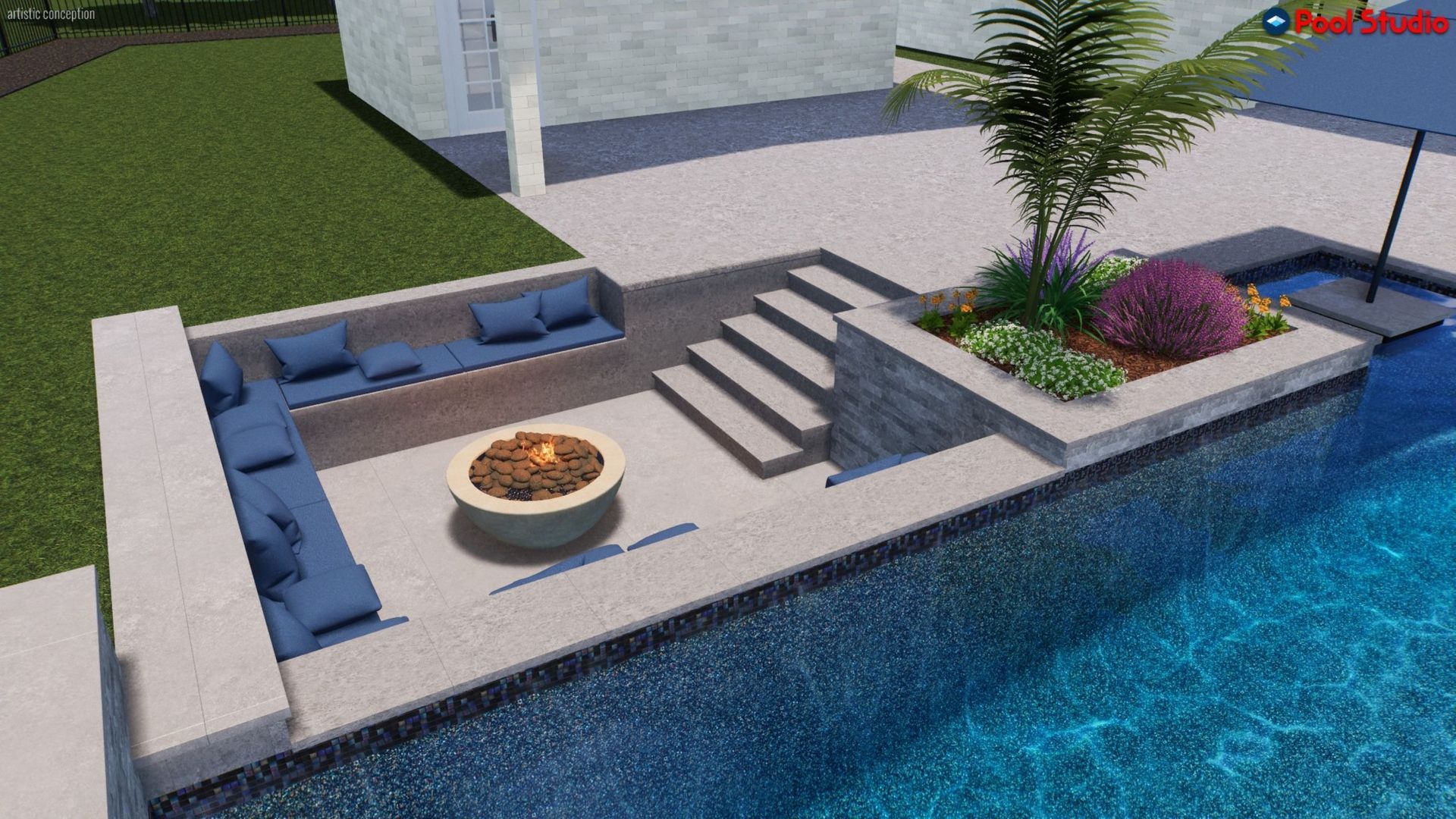 Modern poolside patio with blue sectional seating, fire pit, steps, and planter beside turquoise water