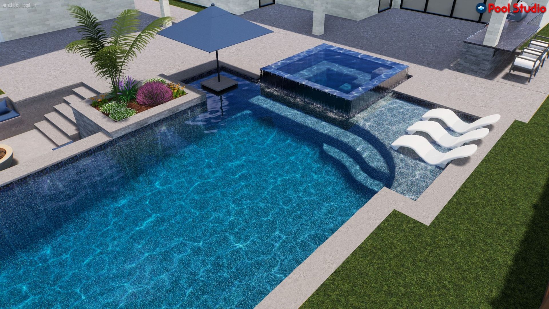 Modern backyard pool with blue water, hot tub, patio umbrellas, and white lounge chairs beside a green lawn