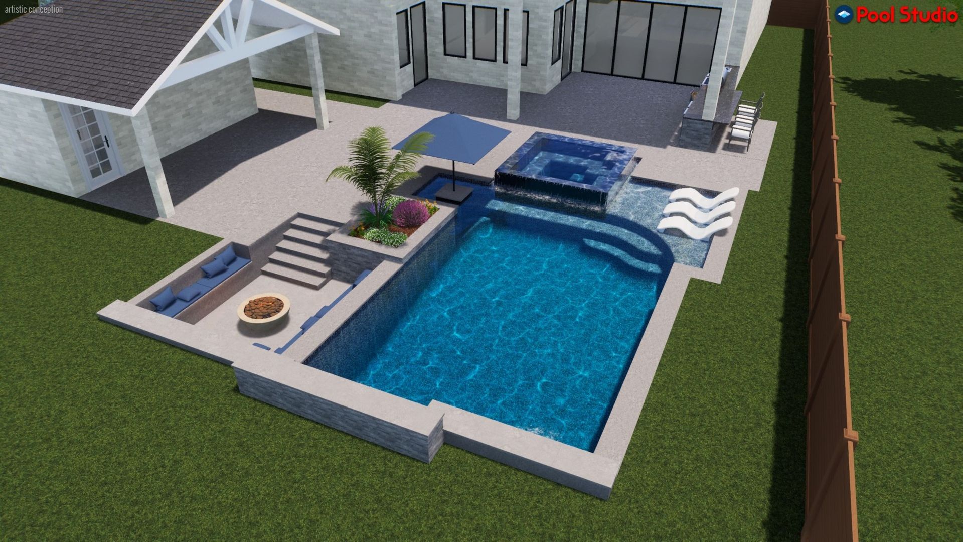 Modern backyard pool with hot tub, lounge chairs, and covered patio beside a house