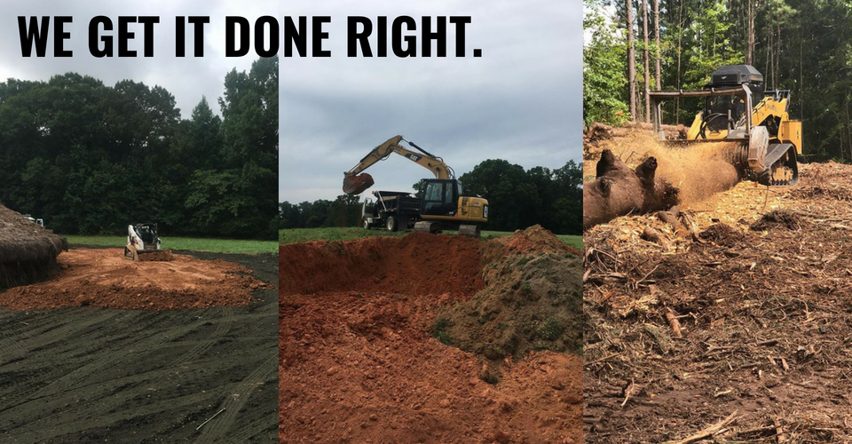 A collage of three construction photos showing heavy equipment grading land and clearing trees under the text