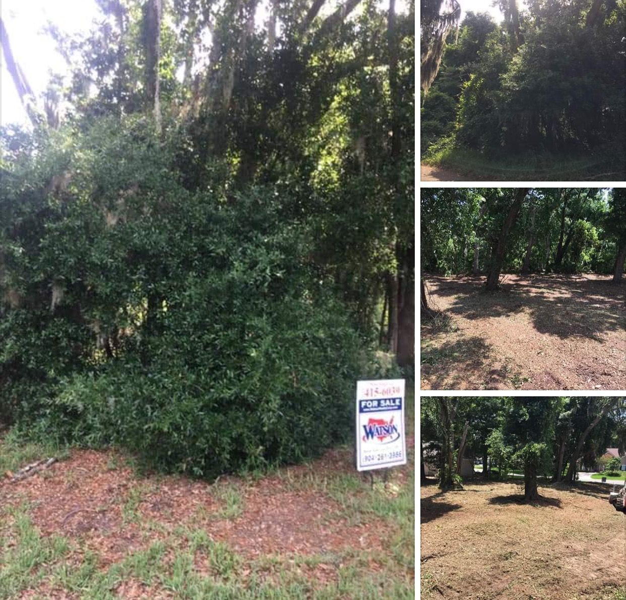 A for-sale sign stands in front of a wooded lot with several views showing cleared and uncleared sections of the land.