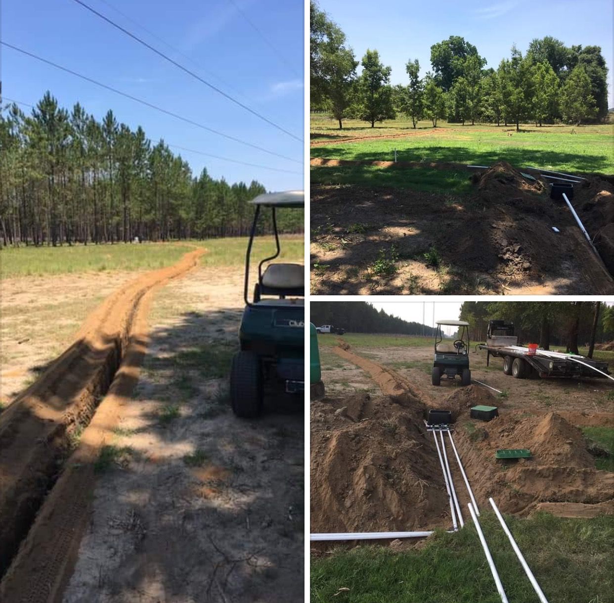 A collage showing a golf cart, trenches, and white PVC pipes being installed in a grassy, rural field.