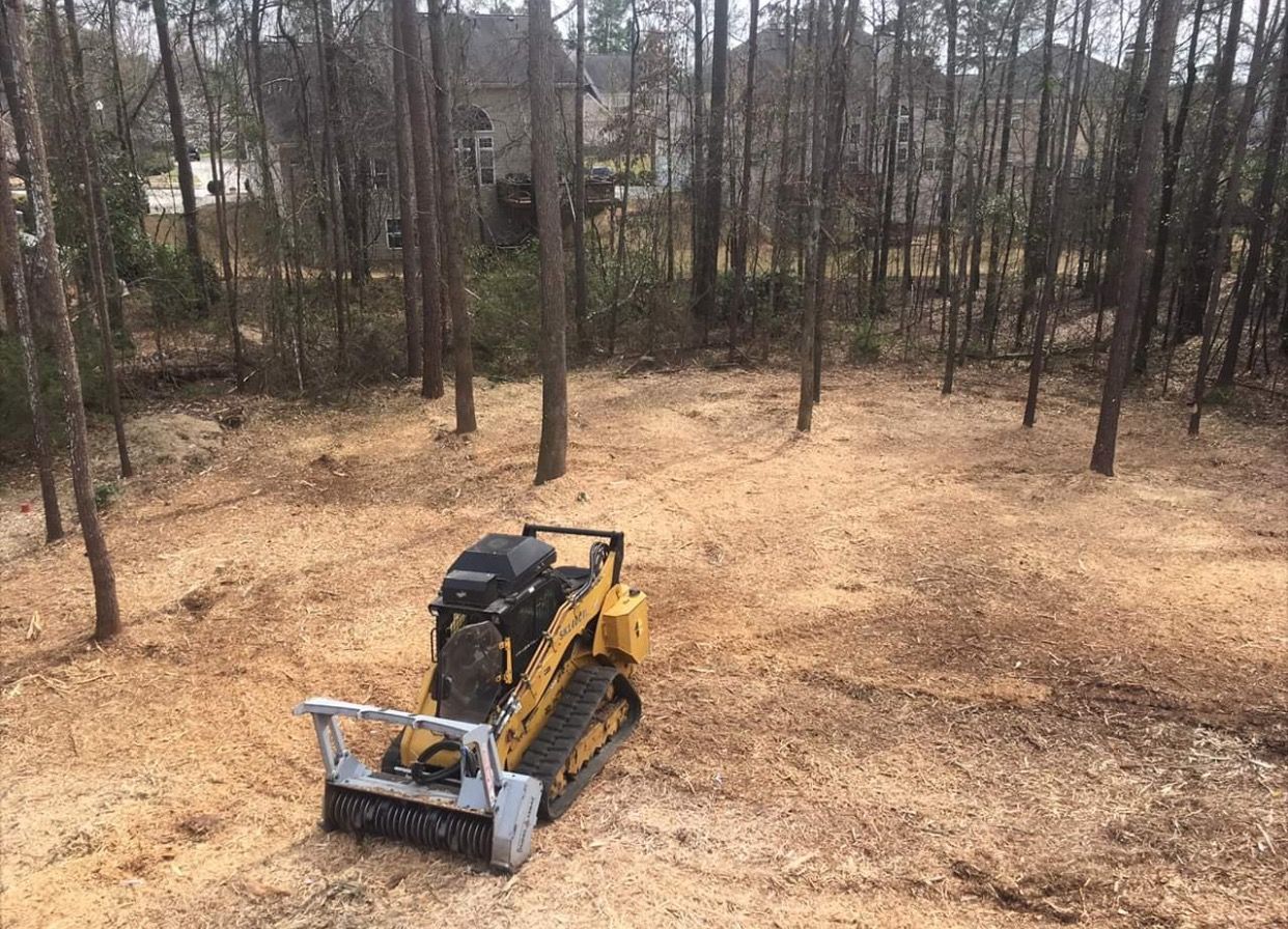 A yellow skid-steer mulcher clears brush and vegetation in a wooded, residential backyard.