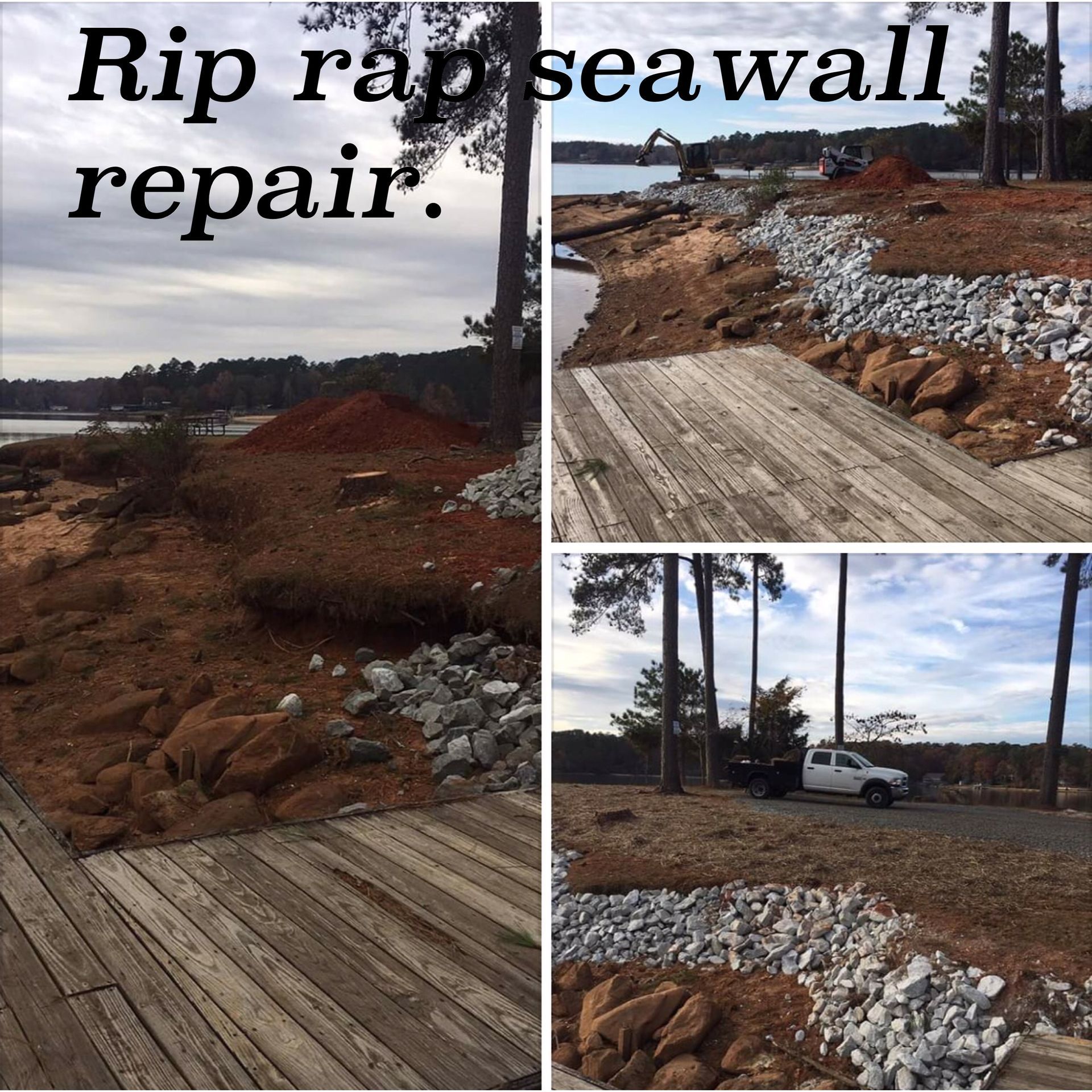 Three-part collage showing a lakeside property undergoing rip rap seawall repair with heavy machinery, soil, and rock.