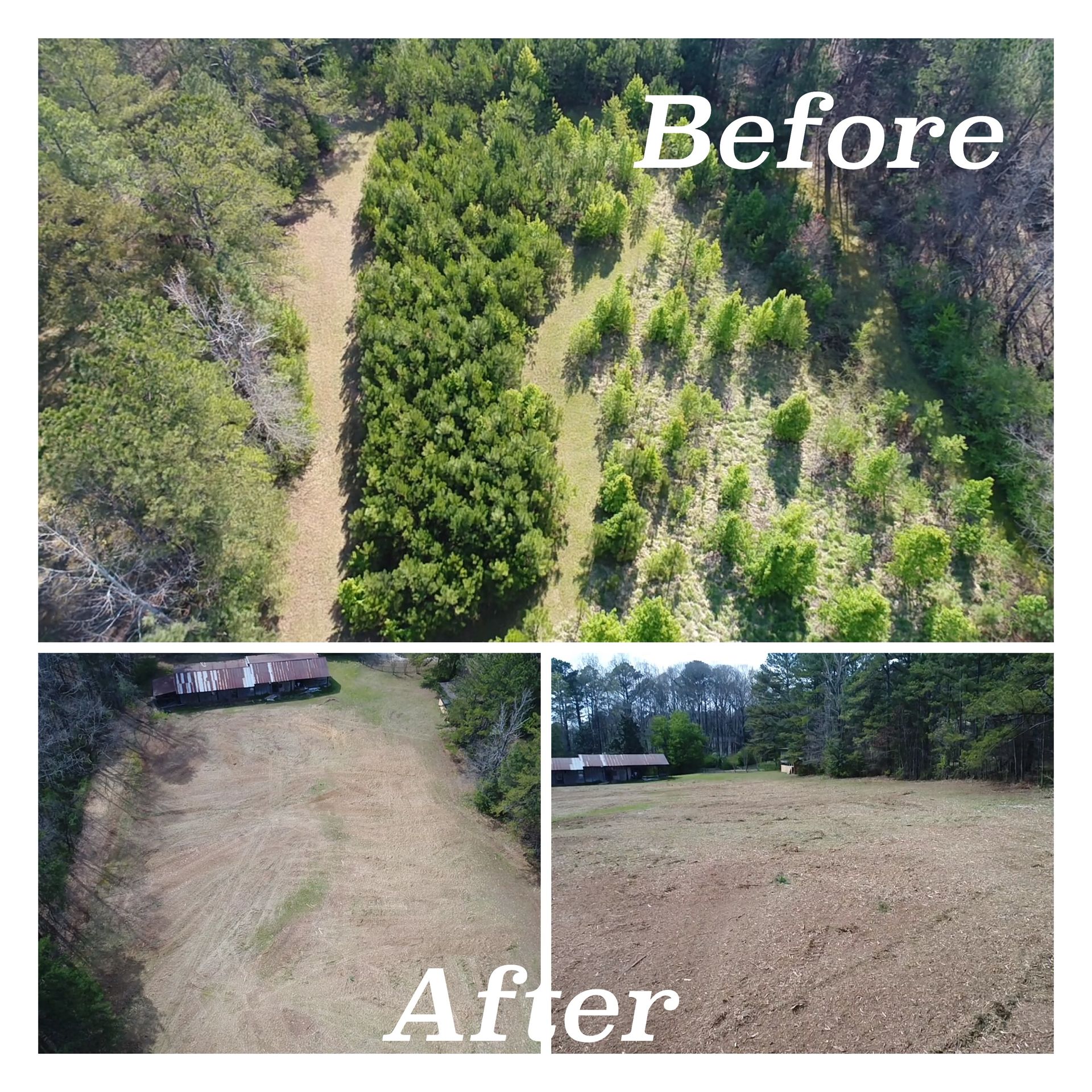 Before and after comparison of a wooded area that has been cleared of trees and brush to create an open field.