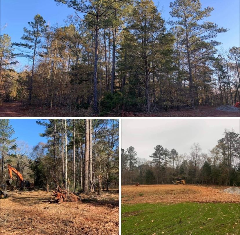 Three panels show a wooded area being cleared by heavy machinery to create a leveled, open lot.