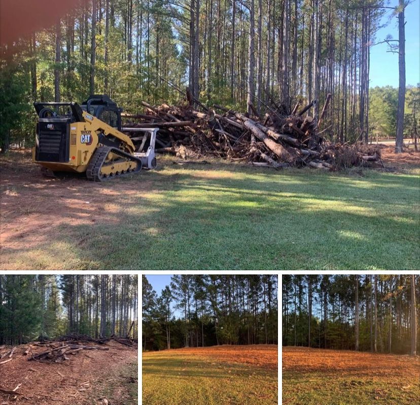 A yellow Caterpillar skid steer clears a large pile of fallen tree debris from a wooded clearing in four separate frames.