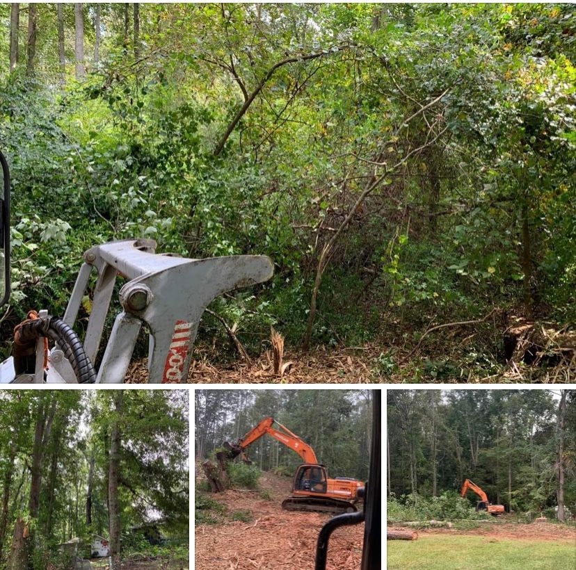 A collage showing heavy machinery clearing a wooded lot, with excavator arms, tree debris, and cleared land visible.