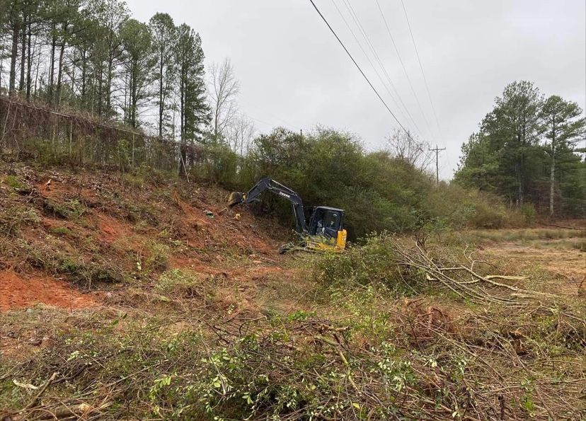 A yellow and blue excavator clears brush and dirt on a hillside near a forest edge under an overcast sky.