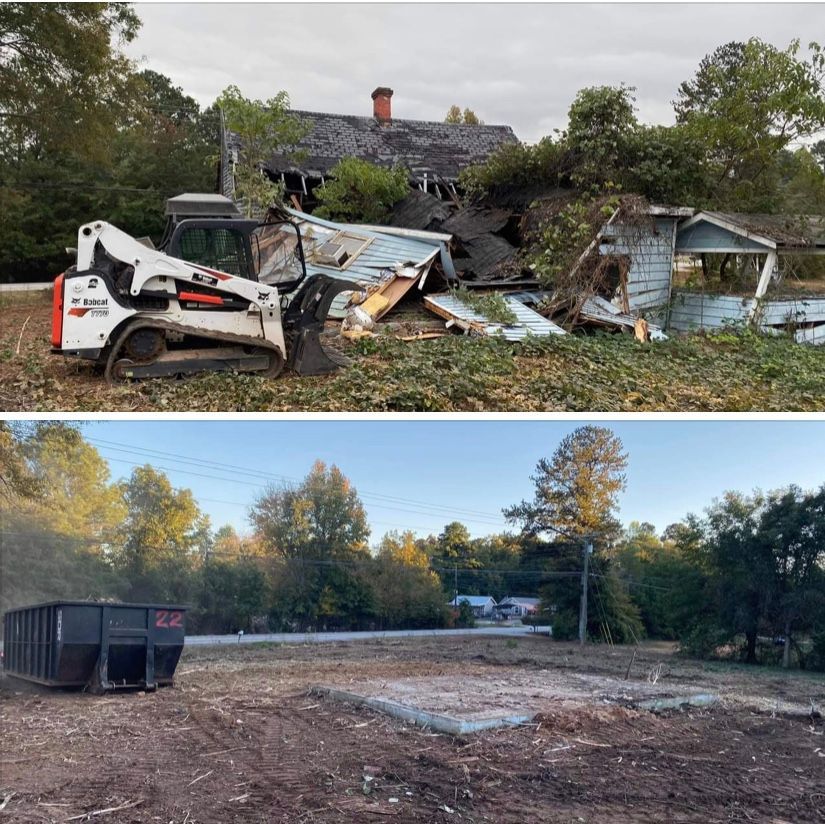 Before and after images showing a dilapidated house being demolished by a construction vehicle, leaving a cleared lot.