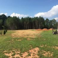 A cleared, sandy dirt lot sits in front of a dense line of green pine trees under a blue, cloudy sky.