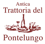 Logo color bordeaux per l'Antica Trattoria del Pontelungo con illustrazione di vino, cibo e stoviglie.