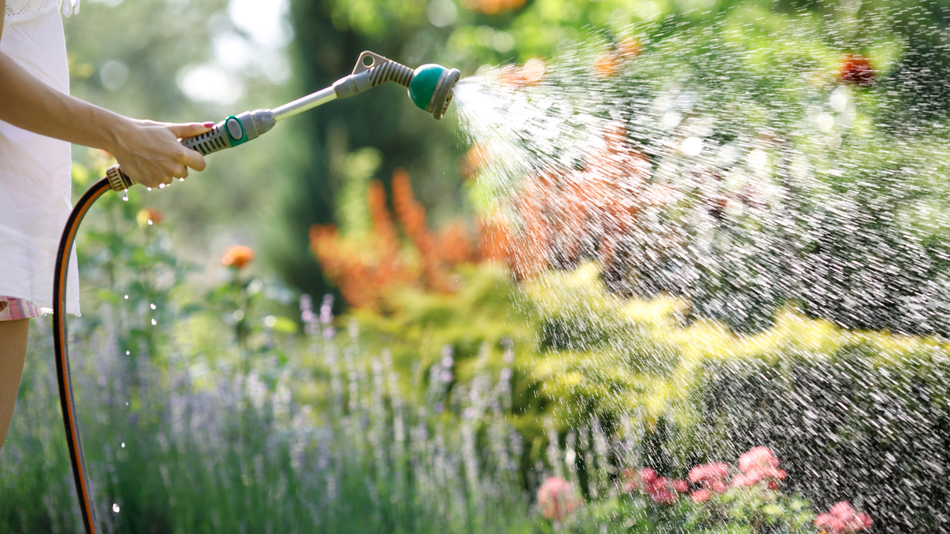 A woman is watering flowers with a hose in a garden.