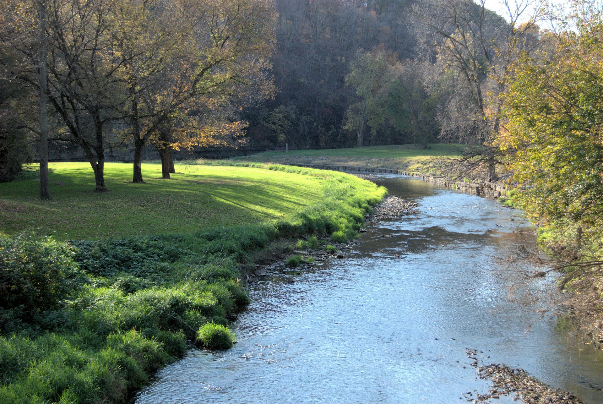 River flowing through a grassy bank and trees; sunny, autumn day.
