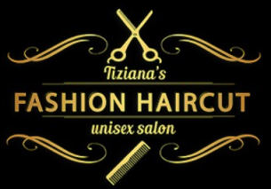 Logo dorato e nero per il salone unisex Tiziana's Fashion Haircut, con forbici, pettine e decorazioni.